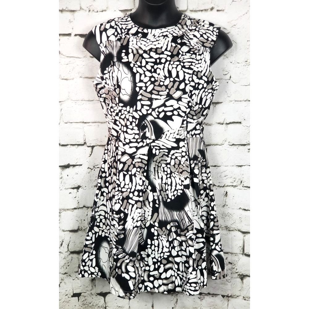 AMELIA Black White Abstract Print Fit & Flare Stretch Dress Boho Cottage Size 12